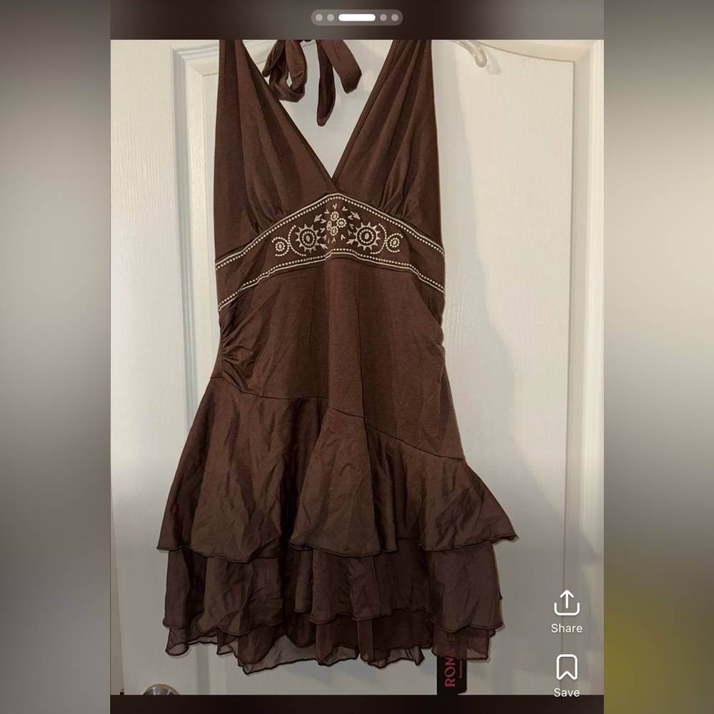 Brown Halter Dress with Embroidered Detail